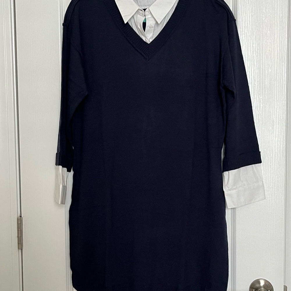 Navy V-Neck Sweater Dress with White Collar